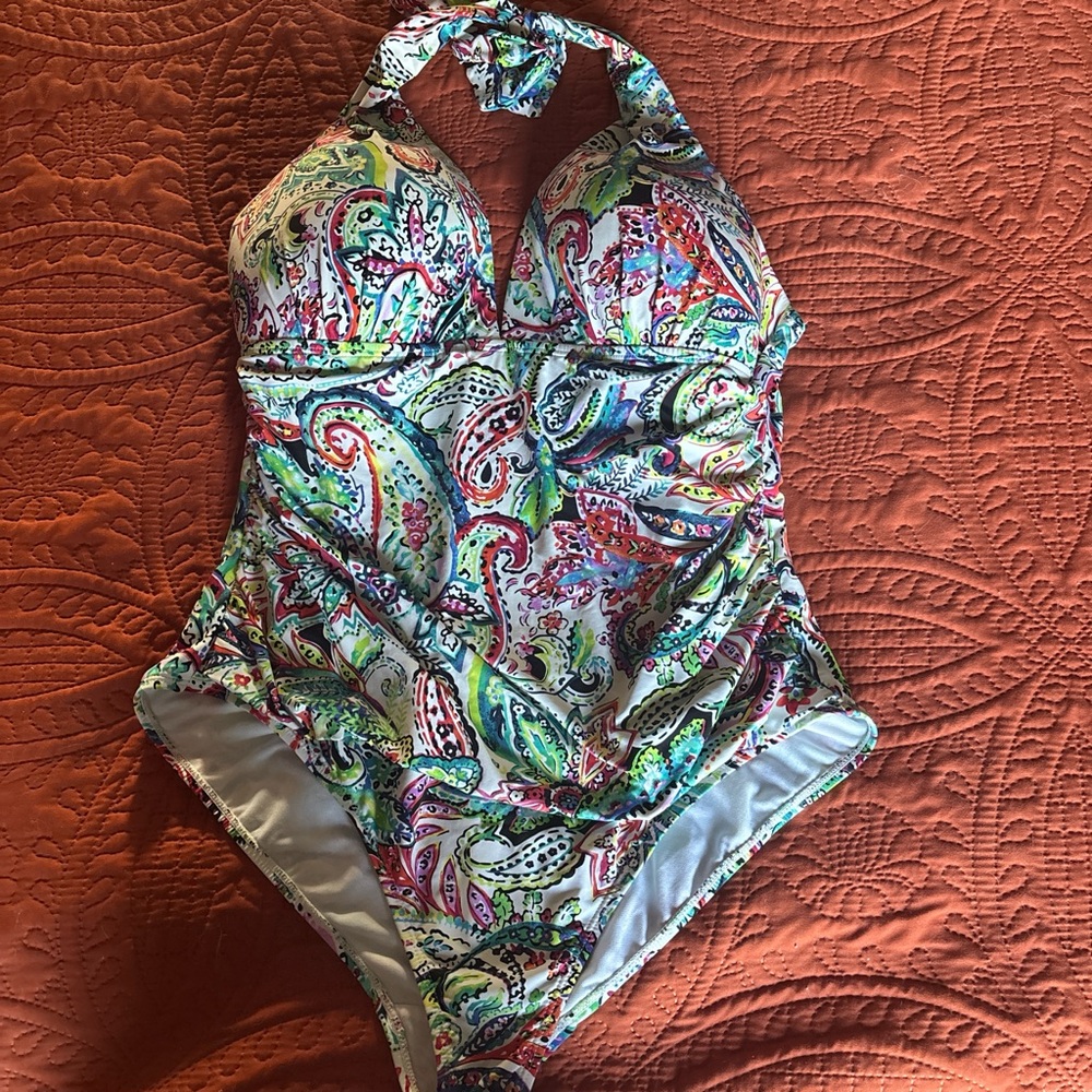 Lauren Ralph Lauren Blue and Green One Piece Swimsuit with Ruching